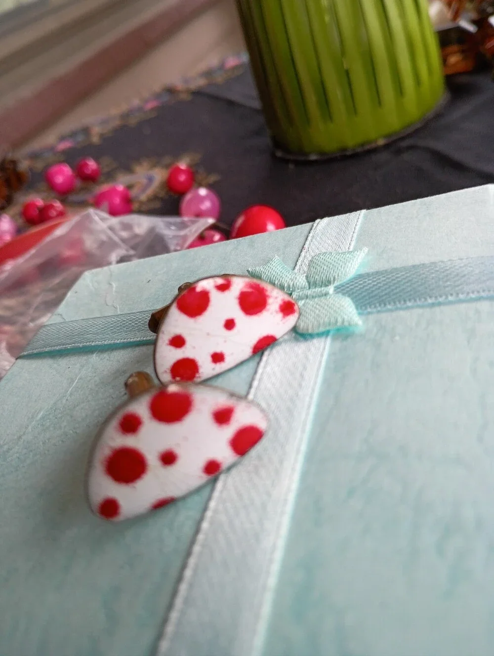 VINTAGE ENAMEL COPPER CUFFLINKS POLKA DOTS
